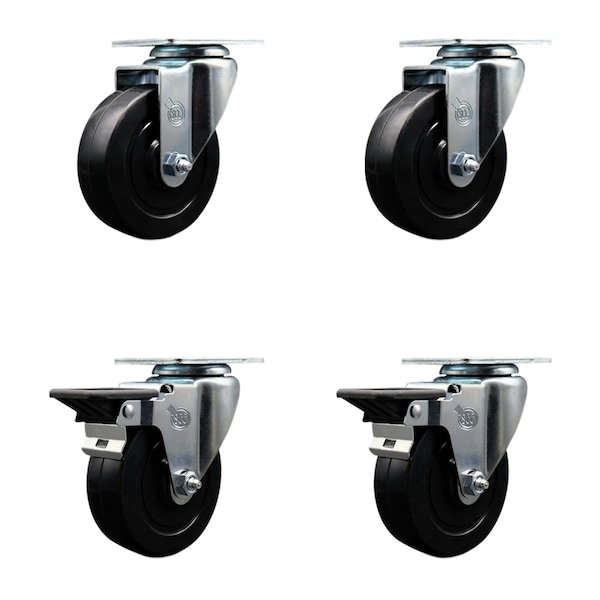 4'' Soft Rubber Wheel Swivel Top Plate Caster Set with 2 Posi Brakes, 4PK
